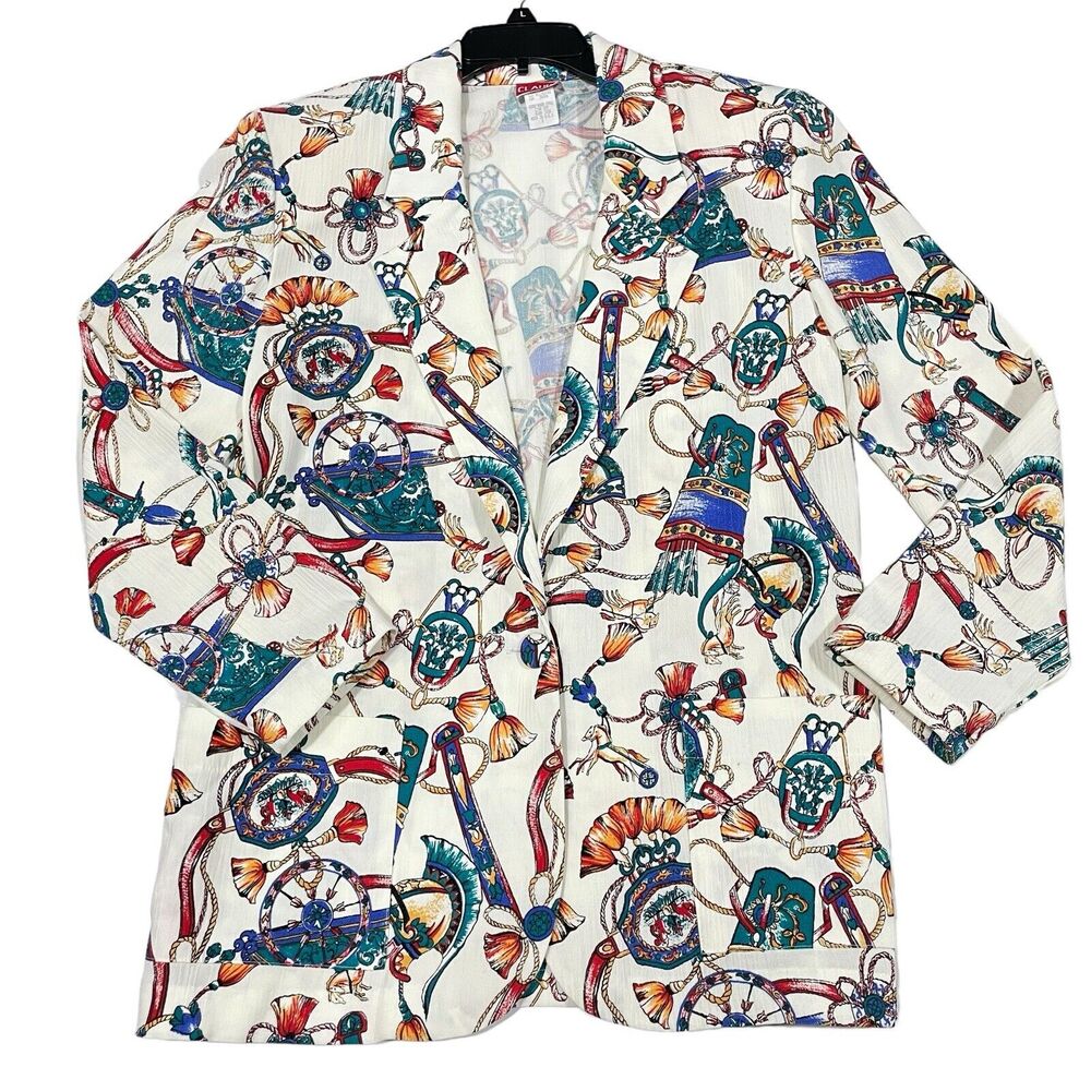 Claude Blazer Women 8 Vintage 80s Tassel Roman Multicolor Print Artwear Retro